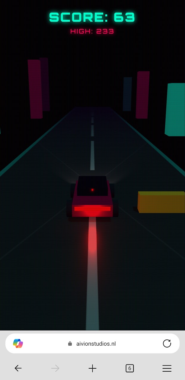 Midnight Dash running in a phone browser, with neon buildings either side of the road.