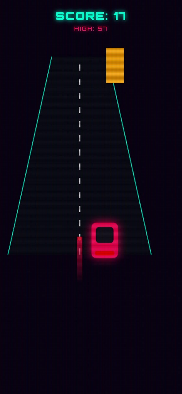 An early Midnight Dash road seen almost flat on, with one orange block ahead of the car.