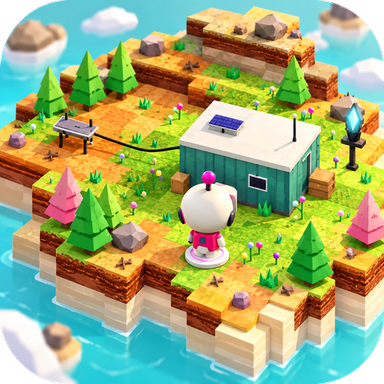 The Alone app icon: the droid standing on its charging pad in front of a green container house on a grassy island.