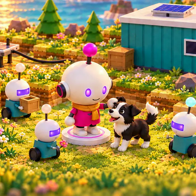 De droid uit Alone en Zoey de puppy in een wei vol bloemen, voor het groene containerhuisje.