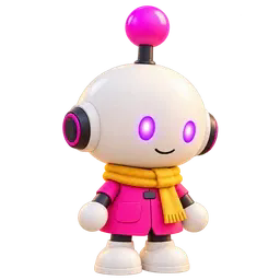 De droid uit Alone: wit en rond, met violette ogen, een roze jasje en een gele sjaal.