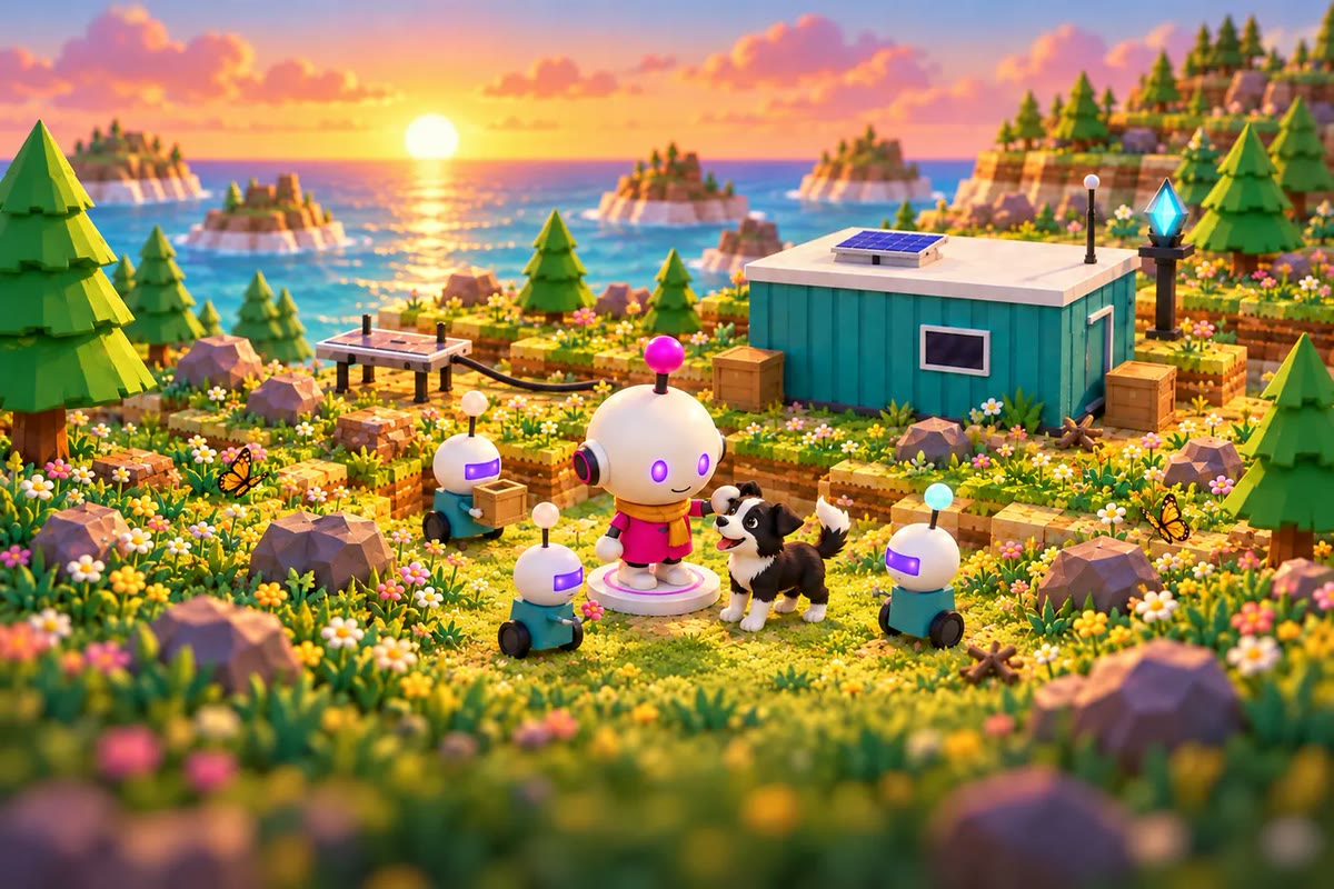 Een render van Alone voor pc: de droid en Zoey de puppy in een wei vol bloemen, met drie kleine hulprobotjes om hen heen en het containerhuisje erachter, bij zonsondergang.