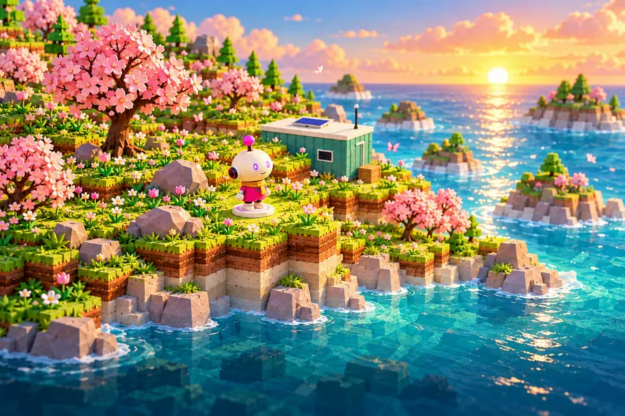 De droid op een groen eiland onder roze bloesembomen, met zijn containerhuisje erachter en de zee bij zonsondergang.