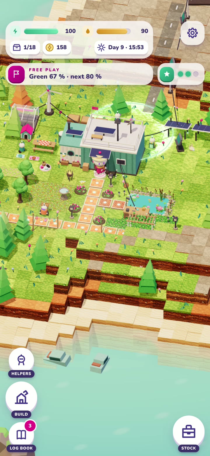 The home island in Alone on day nine: the droid's house among green terraces, a path, a pond and solar panels, with the meters at the top of the screen.