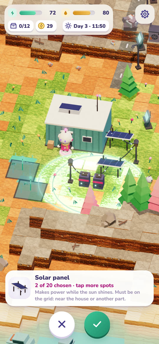 Placing solar panels beside the house in Alone, the spots chosen for them glowing on the ground.
