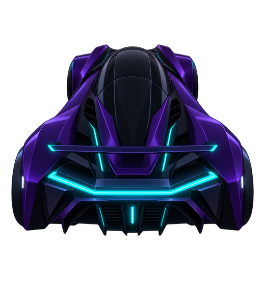The Violet Hypercar from Midnight Dash, seen from behind with cyan light bars lit.