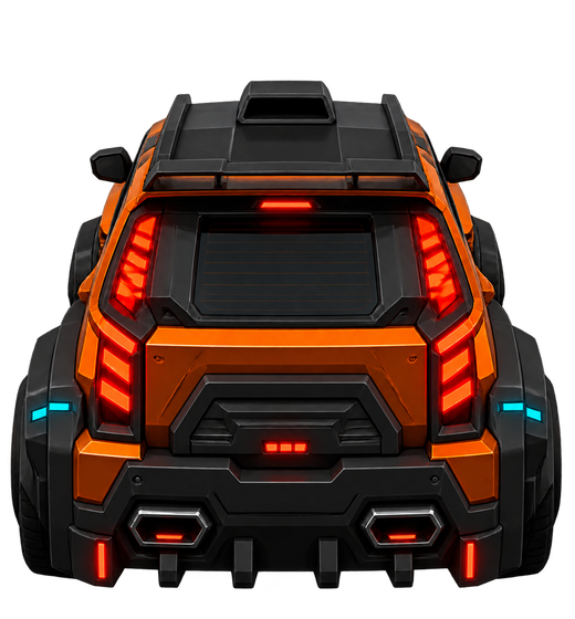 The Orange Rally truck from Midnight Dash, seen from behind with red tail lights.