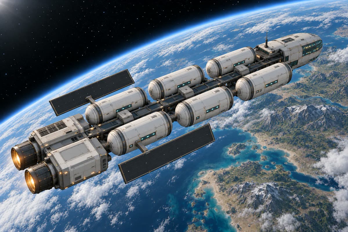 Concept art of the SEV Endeavour in orbit over Earth: a long white ship with six round modules on an open spine, solar wings and two glowing engines, above clouds and a green coastline.