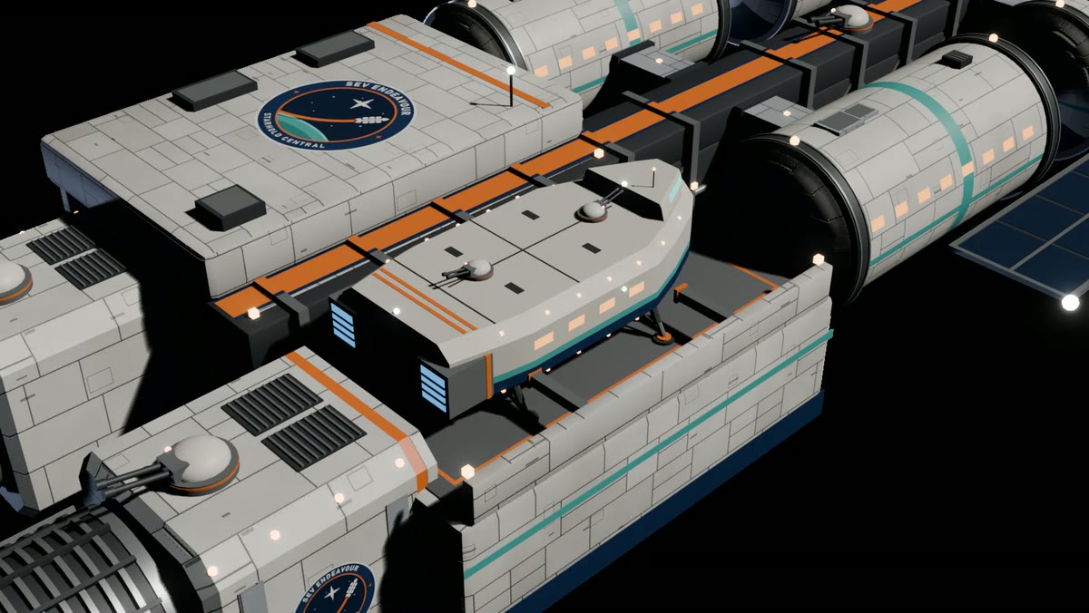 A render of the SEV Endeavour from above: white hull plates, an orange line along the spine, the Starhold emblem on a roof and a small craft in its open dock.