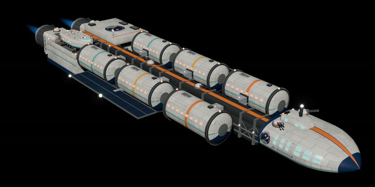 A render of the SEV Endeavour from the front: the pointed navy nose with a band of lit windows, six round modules with orange, yellow and teal bands, solar panels beside the spine and the blue glow of the engines at the far end.