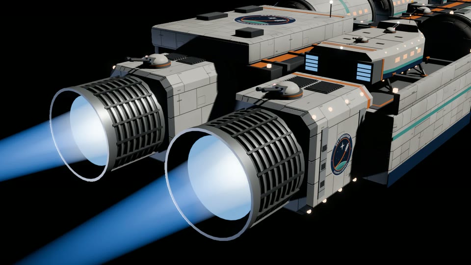 The two engine blocks at the back of the Endeavour, with grilles, amber lights, the emblem on the side and blue light streaming from the ribbed nozzles.