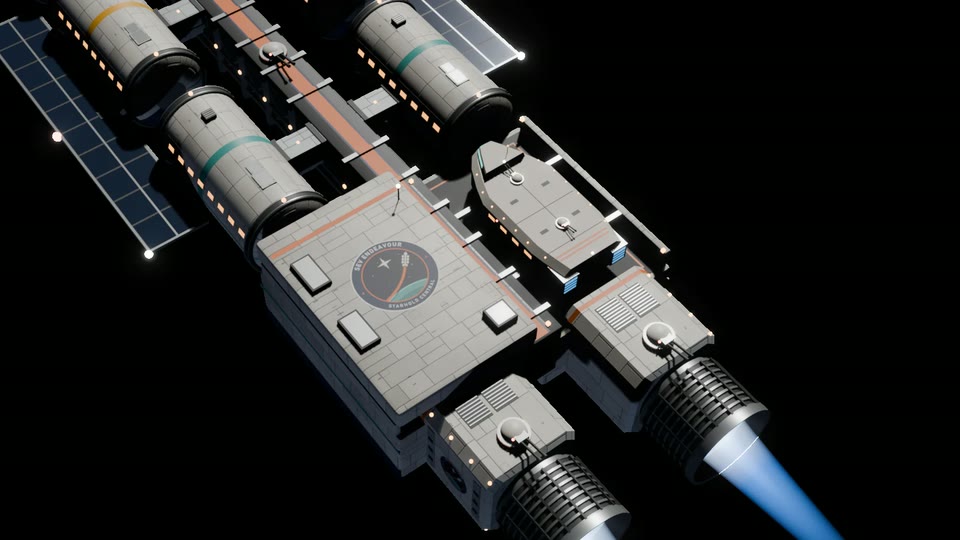 The back of the Endeavour seen from above: the emblem on the roof of the engine room, the orange line along the spine and the two engines.