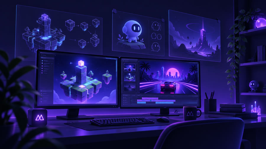 A dark studio desk: two monitors with an isometric level and a neon road, concept sheets pinned on the wall behind them.