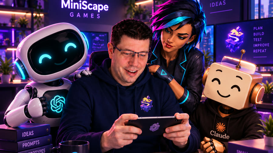 Michael at a desk with a handheld, flanked by the two robot mascots and Nova, under the MiniScape Games logo.
