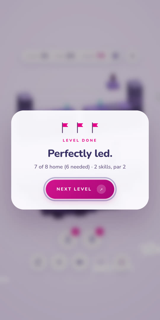 The level-done card in LOOP: seven of eight home, two skills, par two.