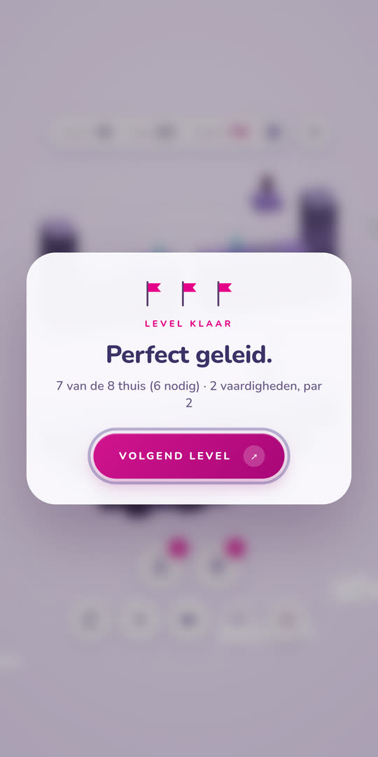 De eindkaart van een level in LOOP: zeven van de acht thuis, twee vaardigheden, par twee.