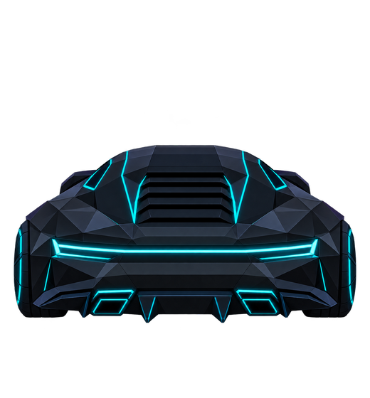 De Phantom uit Midnight Dash, een lage zwarte auto van achteren gezien met een cyaan lichtstrip.