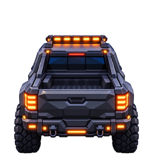 De Titan uit Midnight Dash, een zwarte pick-up van achteren gezien met oranje lichten.
