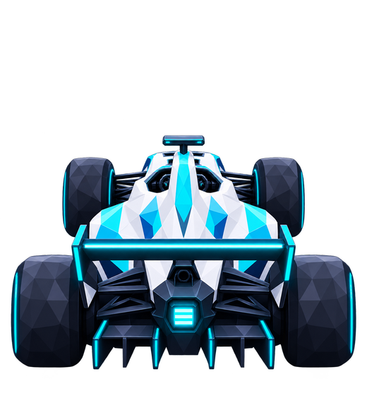 De Vector uit Midnight Dash, een raceauto met open wielen in wit en cyaan, van achteren gezien.