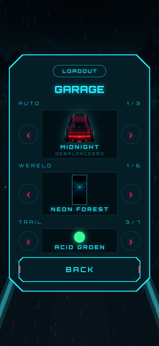 Het Garage-scherm van Midnight Dash: auto, wereld en trailkleur.