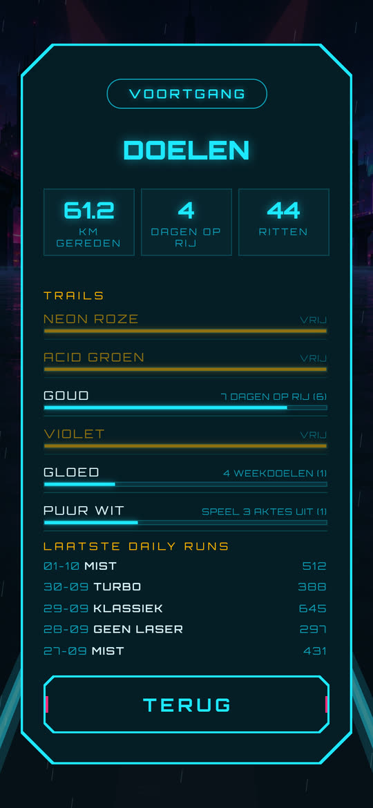Het Doelen-scherm van Midnight Dash: de gereden kilometers, de reeks dagen, de ritten, de trailkleuren met hoe je elk ervan verdient, en de laatste daily runs.