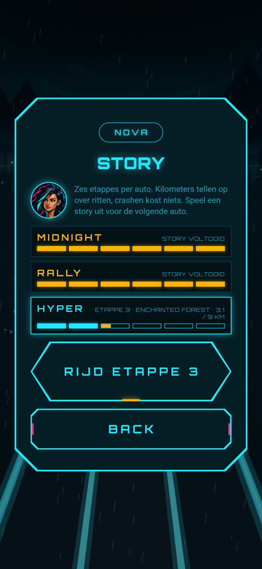 Het Story-scherm van Midnight Dash, met drie auto's en hun etappevoortgang.