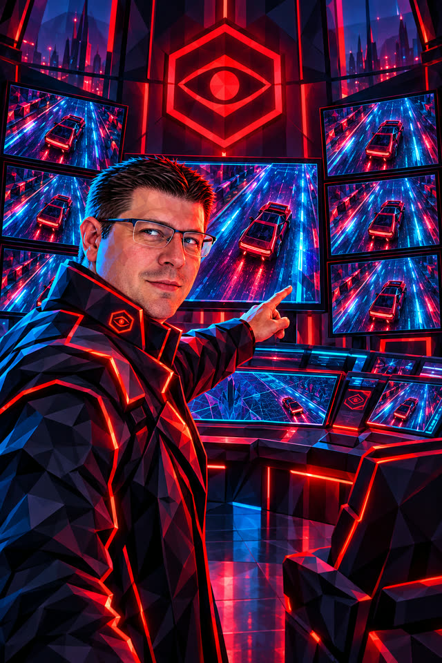 De Warden in zijn controlekamer, wijzend naar een wand vol schermen.