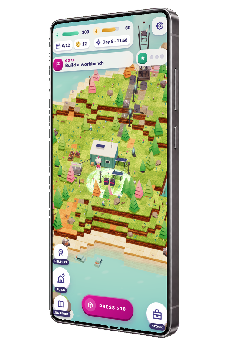 An Android phone showing Alone: the droid on its home island, with its meters at the top of the screen.