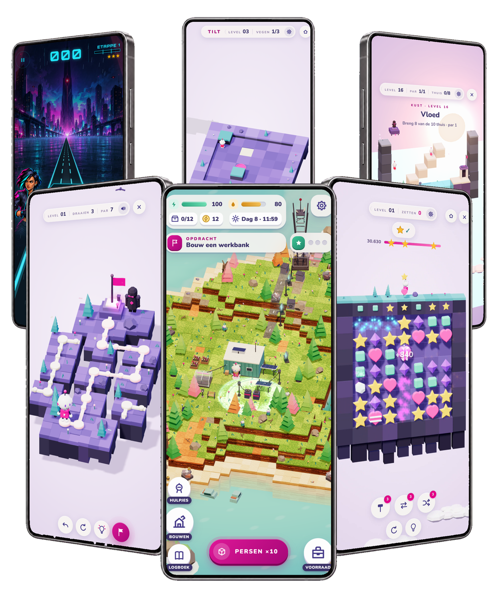 Zes Android-telefoons in een waaier, op elk een game: Midnight Dash, Shift, SWAP, Alone, Tilt en LOOP.