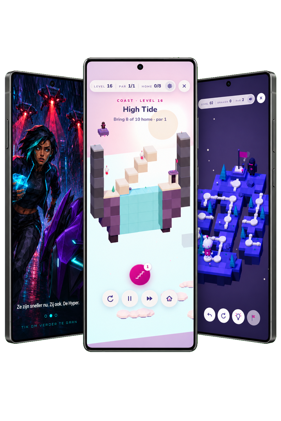 Three Android phones side by side: a Midnight Dash story panel, a LOOP coast level and a Shift level.