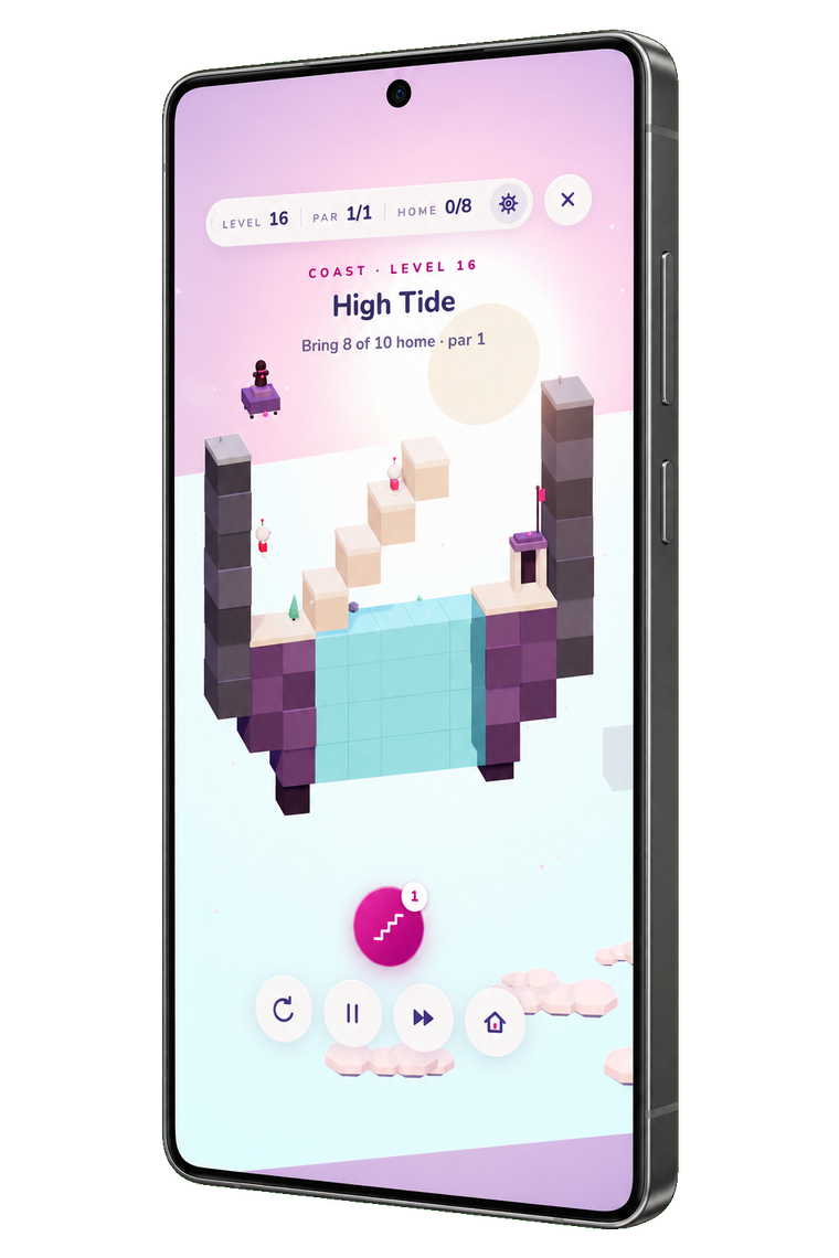 An Android phone showing a LOOP level on the coast: pale sand, water, and robots on the steps above it.