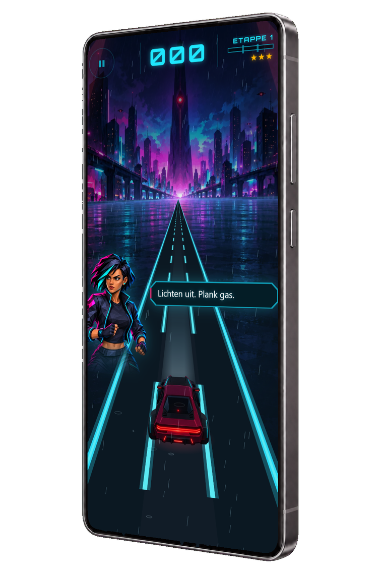 Een Android-telefoon met de eerste story-etappe van Midnight Dash: Nova naast de weg in Neon City, met de regel "Lichten uit. Plank gas."