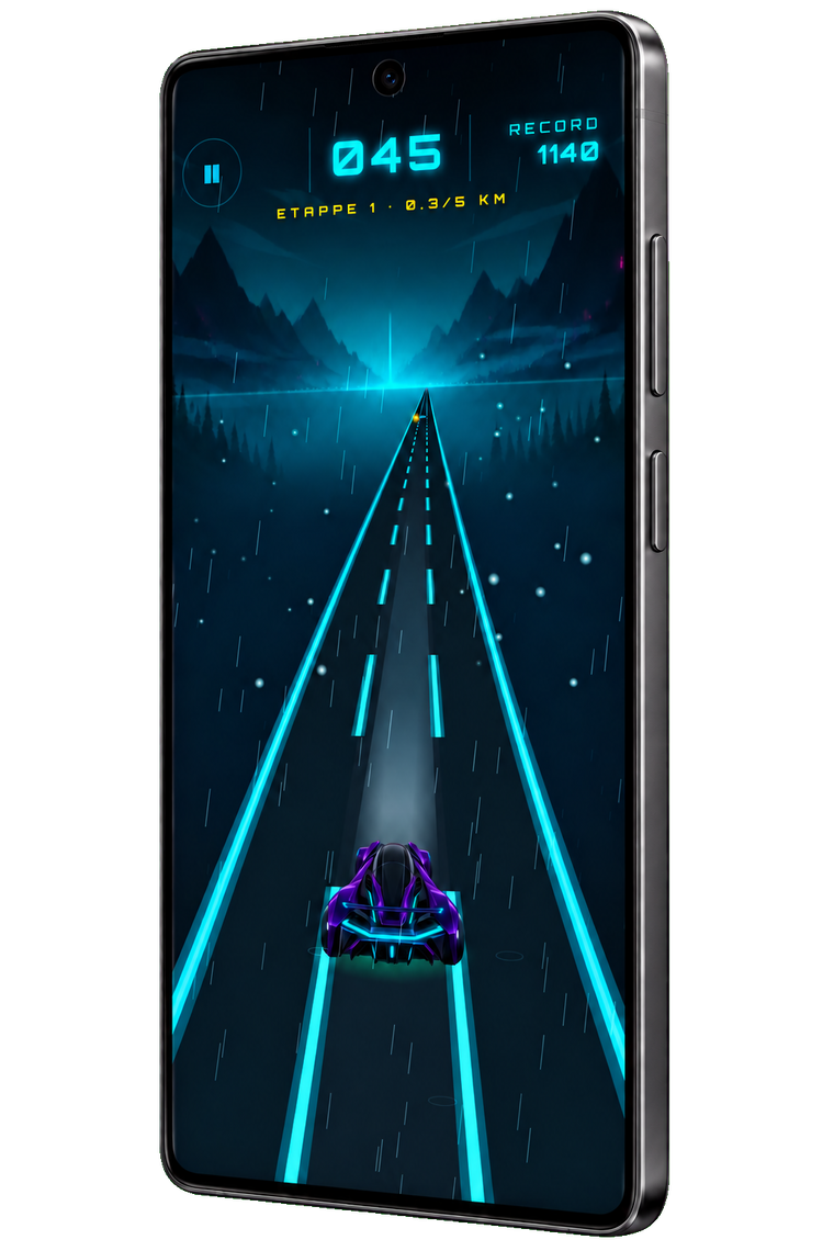 Een Android-telefoon met een story-etappe uit Midnight Dash op een regenachtige nachtweg.
