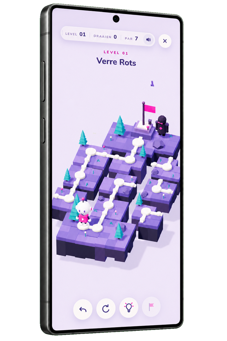 Een Android-telefoon met een level uit Shift: violette eilanden, een wit pad en een roze vlag.