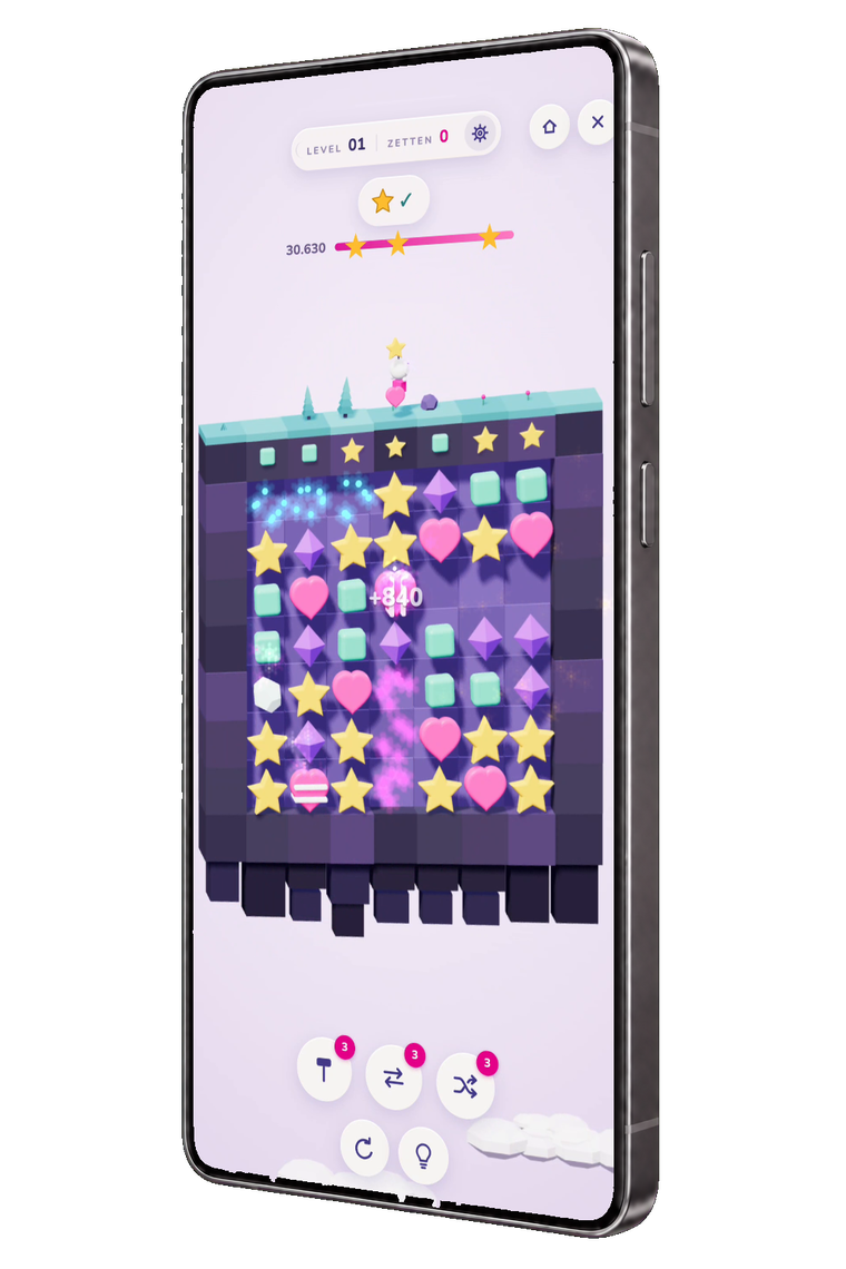 Een Android-telefoon met een level uit SWAP in de tuin: een bord vol snoepjes op een violet eiland.