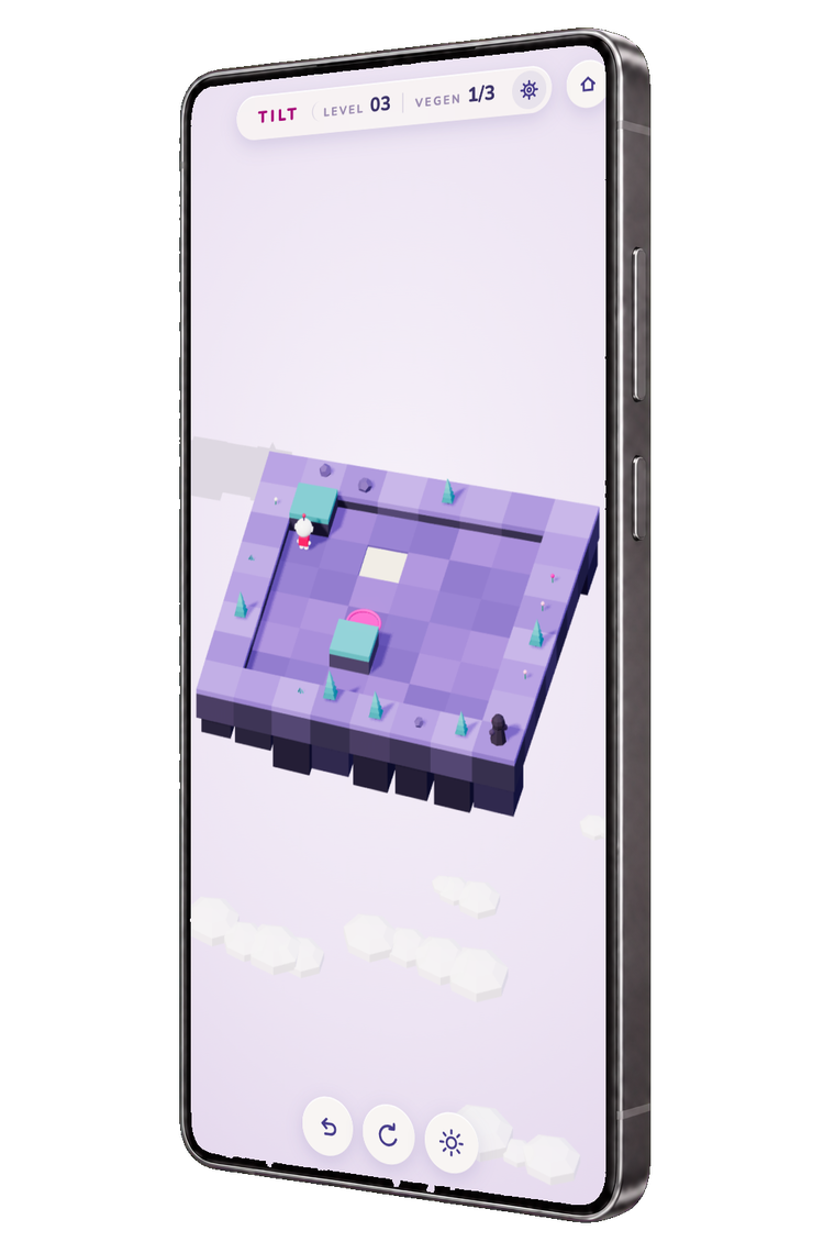 Een Android-telefoon met een level uit Tilt: een violet tuineiland met robots erop en de plekken waar ze heen moeten.