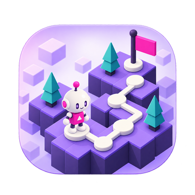 Het app-icoon van Shift: een klein wit robotje op een violet eiland naast een roze vlag.