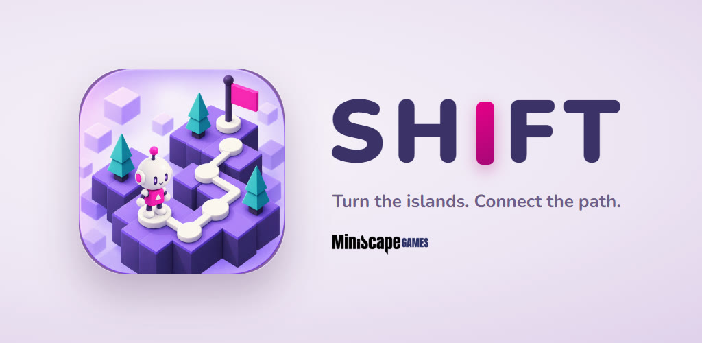 The Shift banner from Google Play: the app icon — a small robot on violet islands beside a pink flag — next to the Shift wordmark.