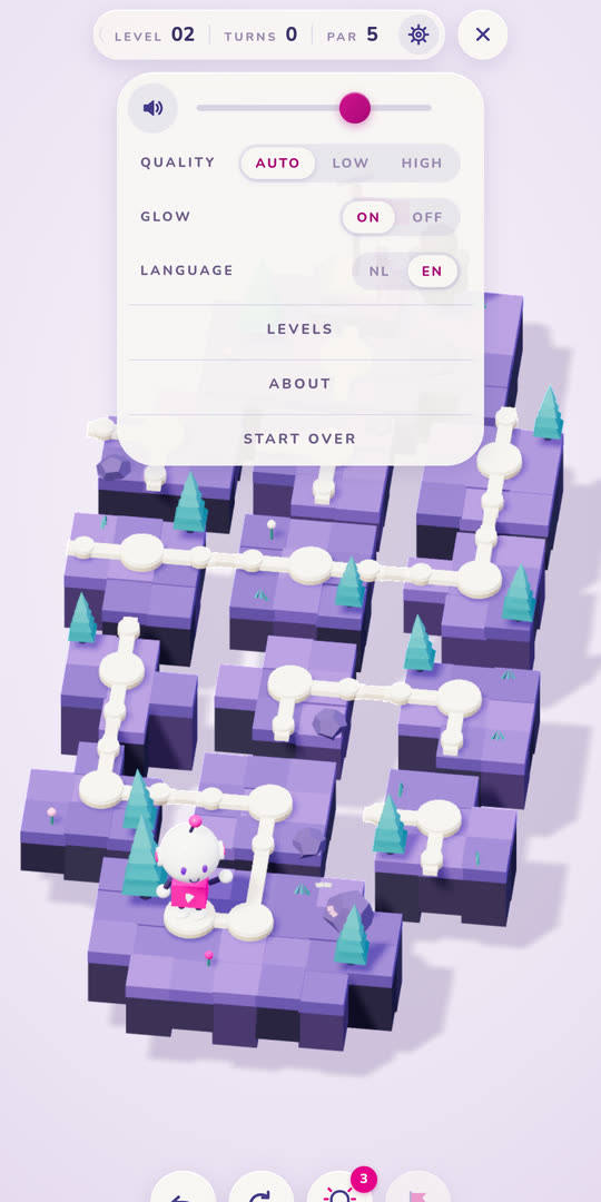The Shift settings panel over a level: volume, quality, glow, language, levels, about and start over.
