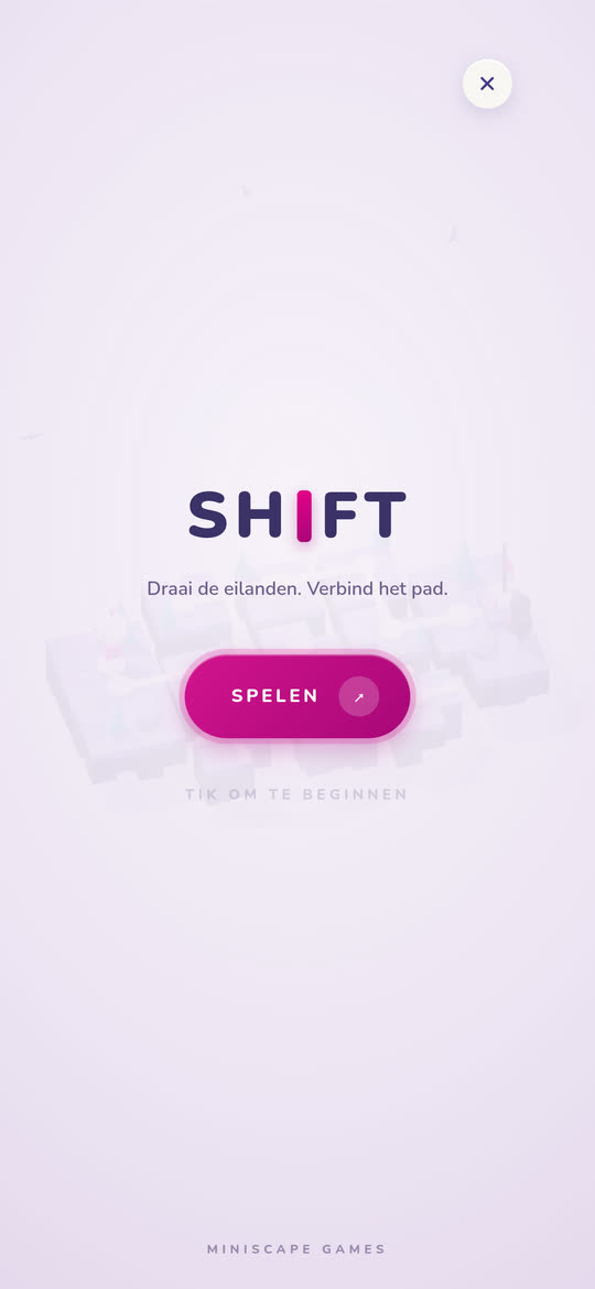Het titelscherm van Shift, met de speelknop en de NL / EN-schakelaar eronder.