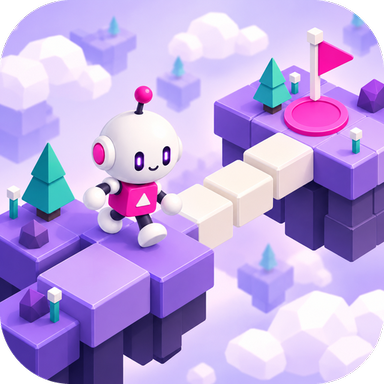 Het app-icoon van Tilt: het robotje op een pad van lichte stenen over violette eilanden, op weg naar een roze plek met een vlag.