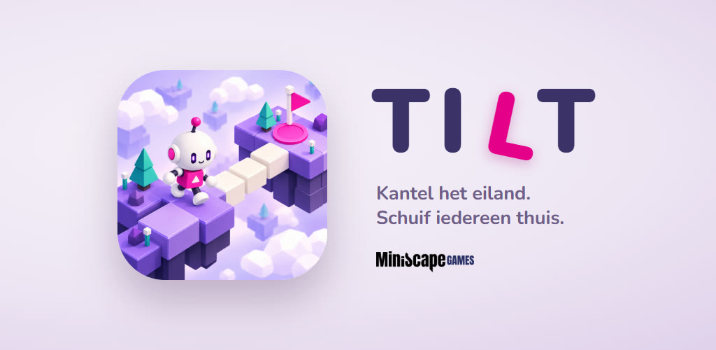 De banner van Tilt uit Google Play: het app-icoon — het robotje op een pad van lichte stenen naar een roze plek met een vlag — naast het woordmerk TILT met zijn schuine roze L en de regel "Kantel het eiland. Schuif iedereen thuis."