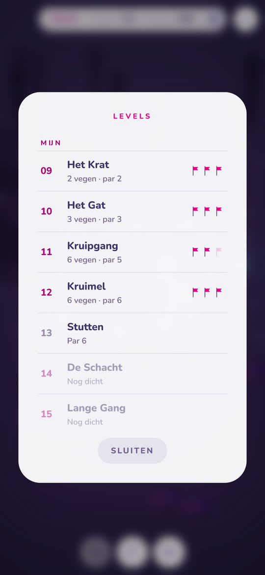De levellijst in Tilt, open bij de mijn: uitgespeelde levels met hun vlaggen en de volgende die klaarstaat.