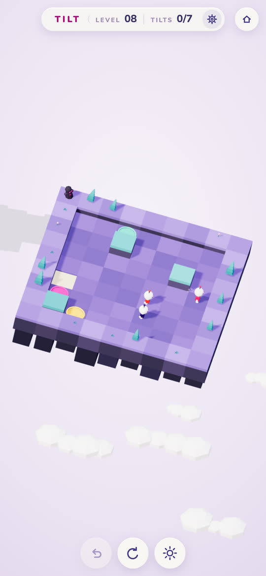 Three robots halfway through a slide in Tilt, on a garden island tipped to the right.